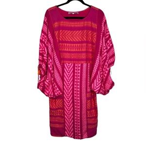 Just Bellina Pink Muliprint Boho Beaded Oversized Sleeves Tassle Ties Size XS